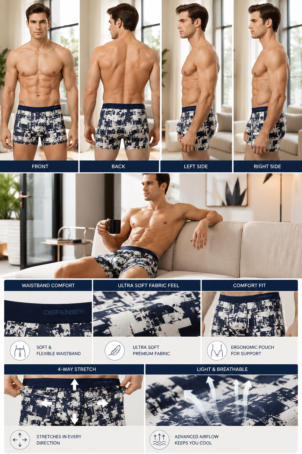 Dispenser Pack of 3 Men Printed Cotton Stretch Trunks Soft Comfortable Innerwear - Image 10