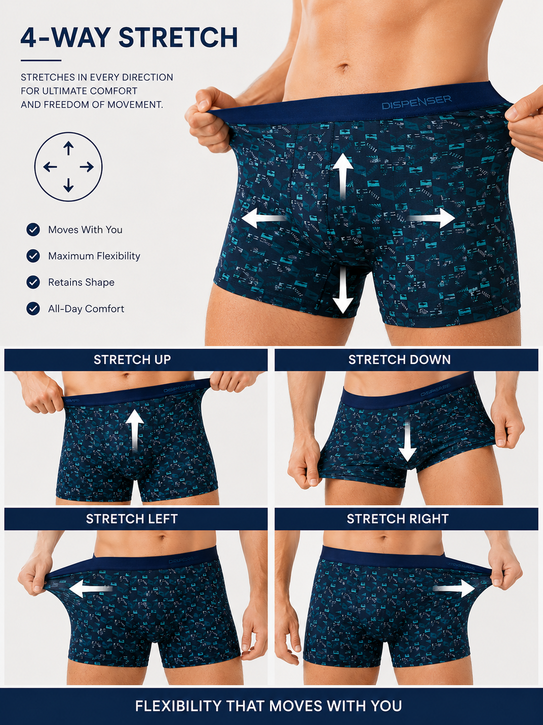 Dispenser Pack of 3 Men Printed Cotton Stretch Trunks Soft Comfortable Innerwear - Image 3
